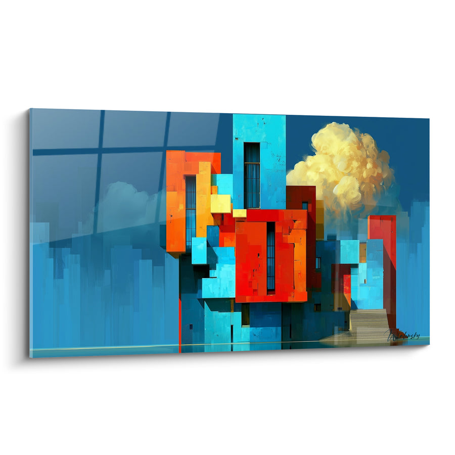 Tableau Immeuble bleu et orange sous nuage doré - Blocs empilés colorés - Edition Architecture abstrait
