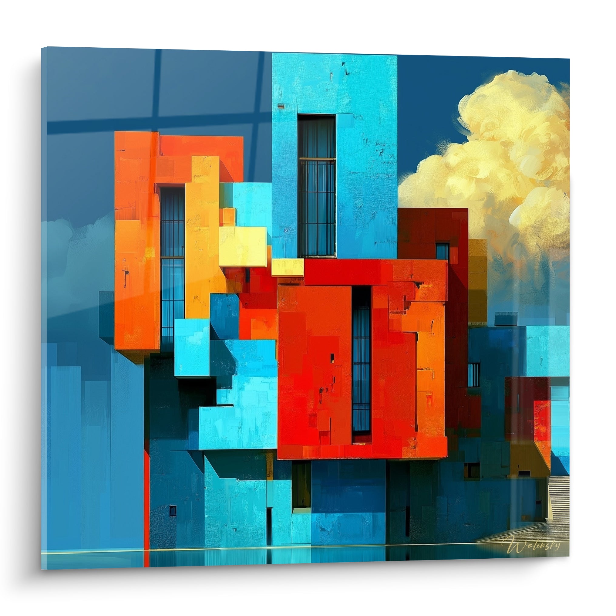 Architecture abstrait en blocs bleu marine et rouge terracotta, nuage doré en arrière-plan