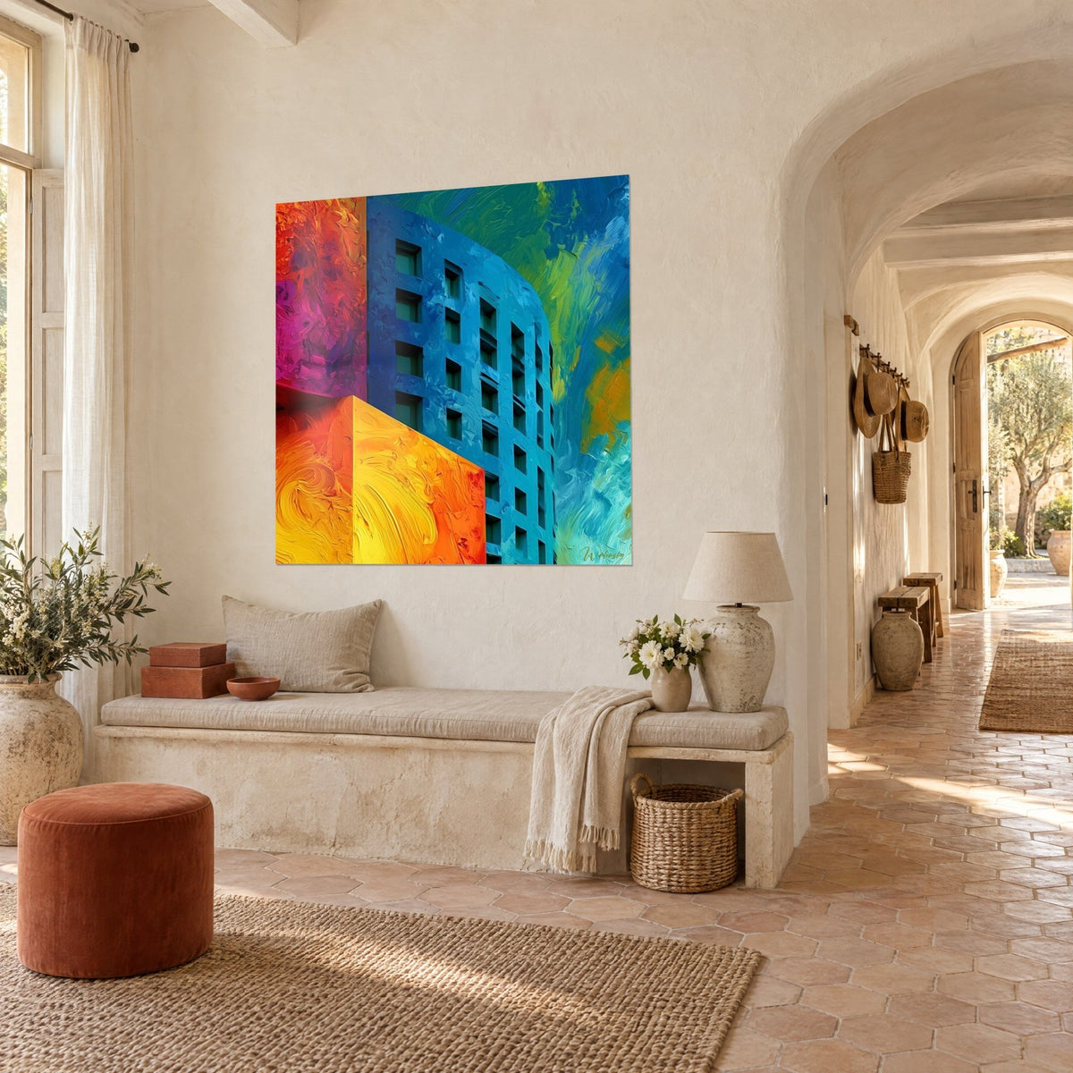 Quadro facciata curva azzurra con finestre quadrate, cubo giallo e arancione, vista di tre quarti in un corridoio a volta del casale