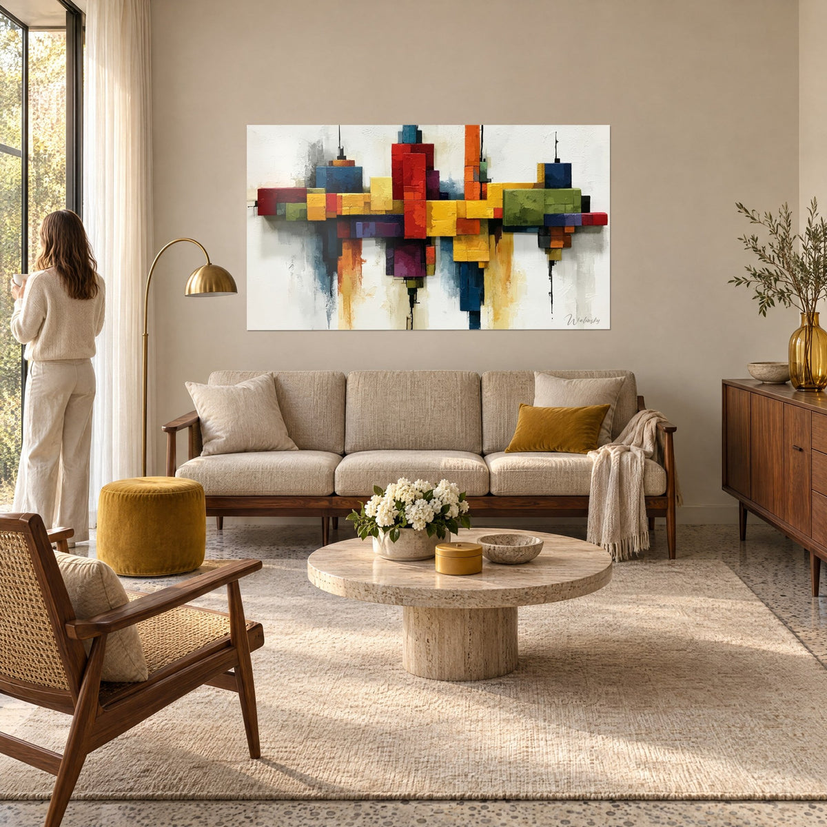 Tableau cité de blocs empilés en rouge vif et jaune moutarde, coulures bleues sur fond blanc, au-dessus d'un canapé dans un salon lumineux