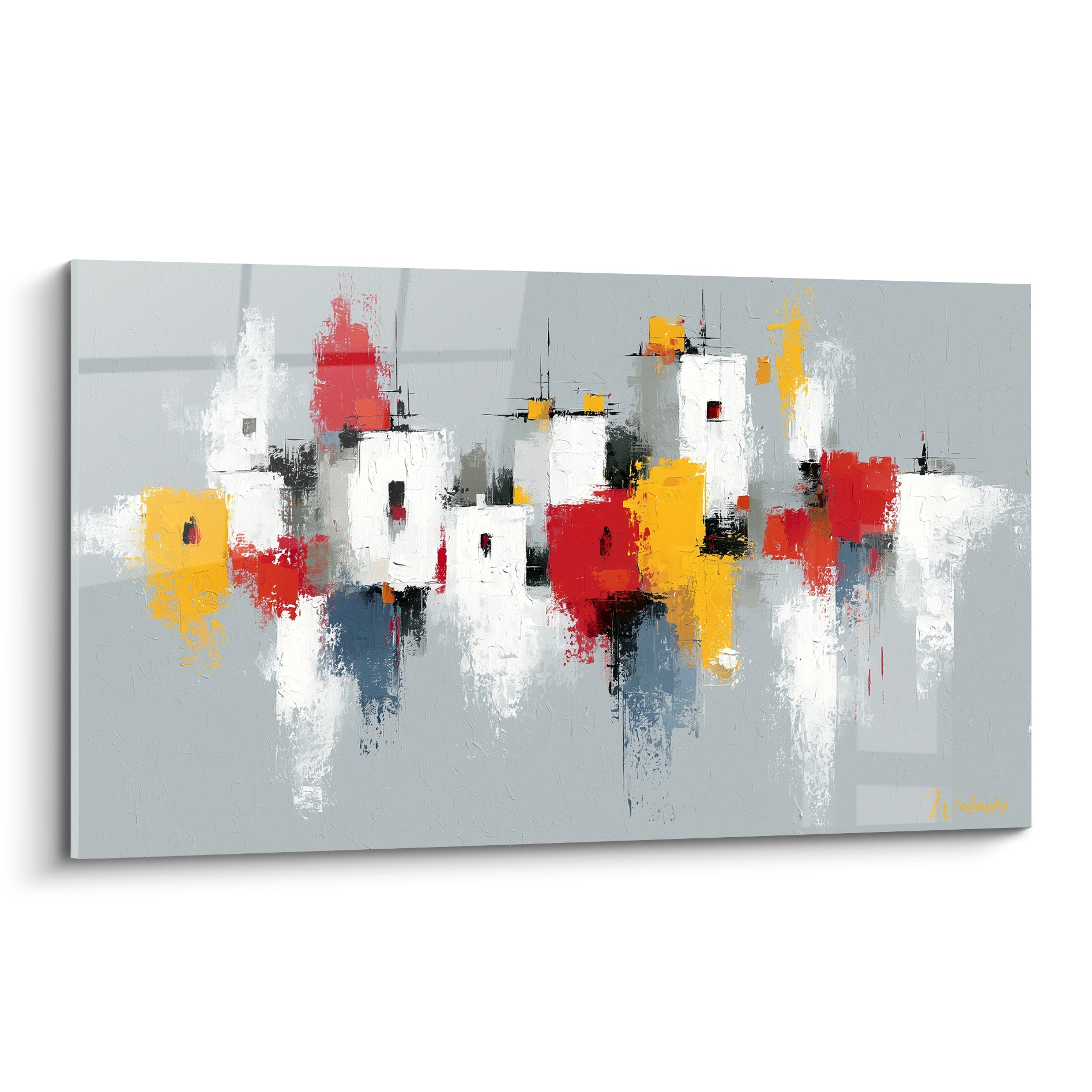 Architecture abstrait aux blocs blancs, rouges et jaunes sur fond gris texturé