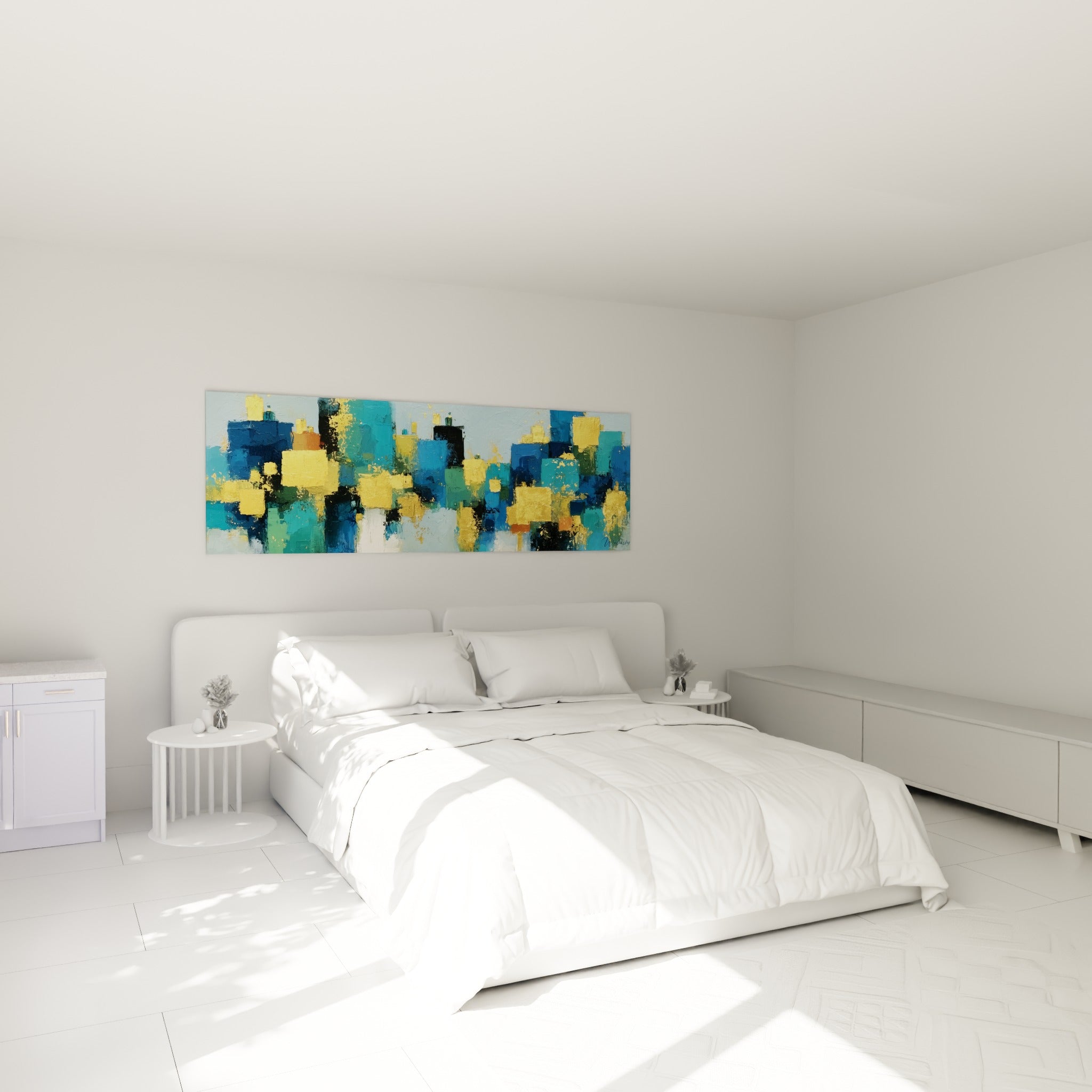 Composition urbaine turquoise et dorée déployée au-dessus d'un lit dans une chambre claire