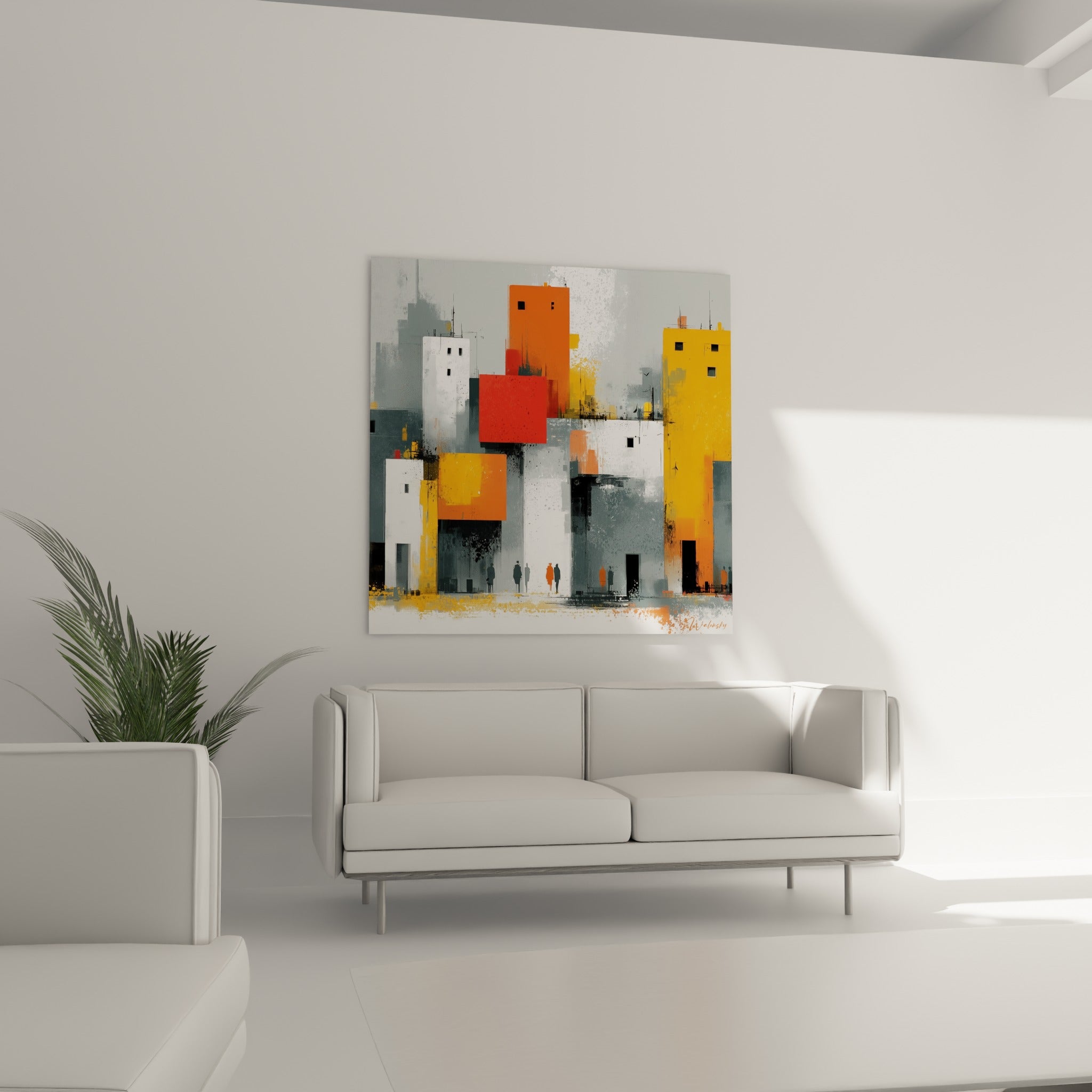Blocs architecturaux orange, rouge et gris texturés, installés au-dessus d'un canapé dans un salon lumineux