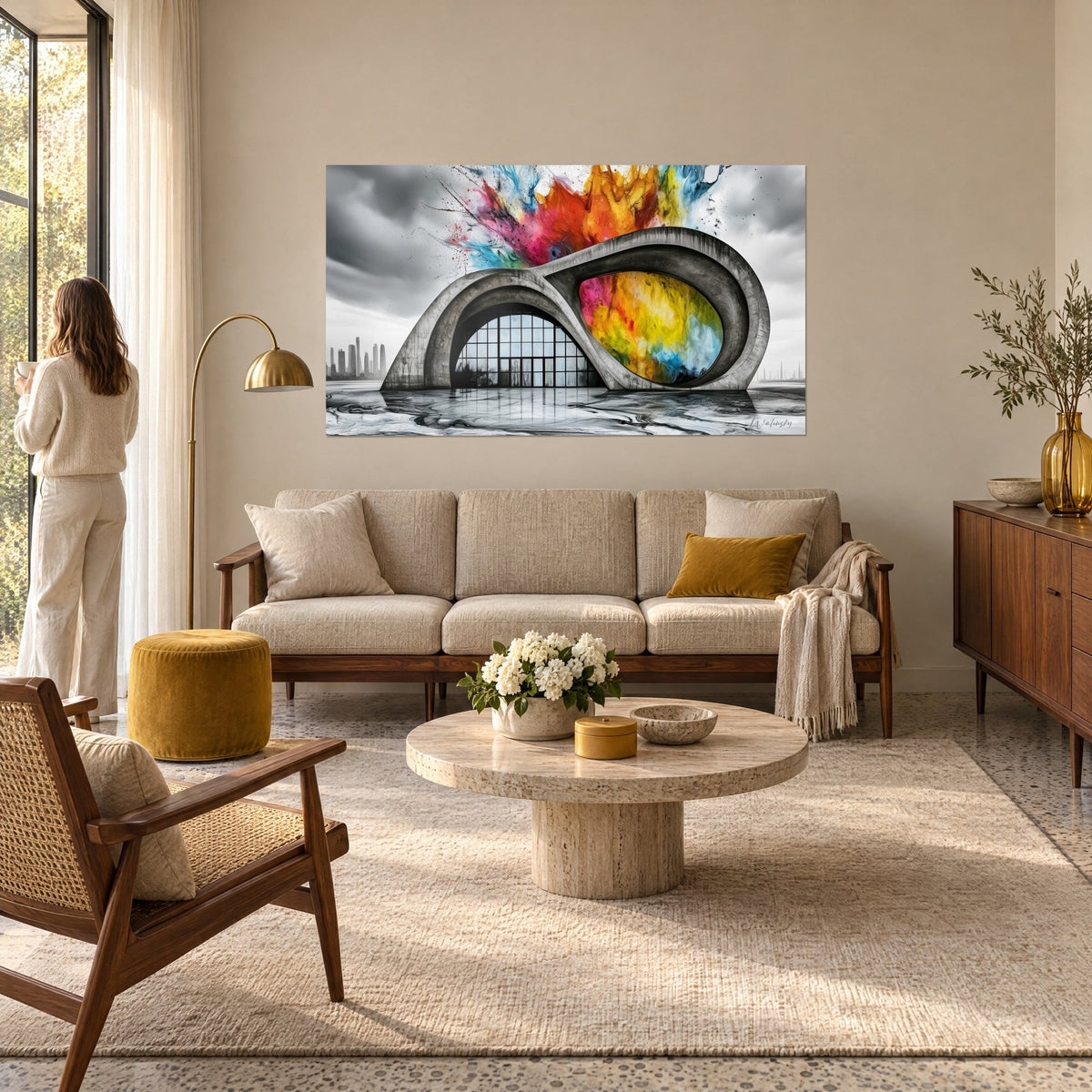 Tableau bâtiment en béton gris en boucle d'infini, éruption orange, rose et bleu, au-dessus d'un canapé dans un salon lumineux