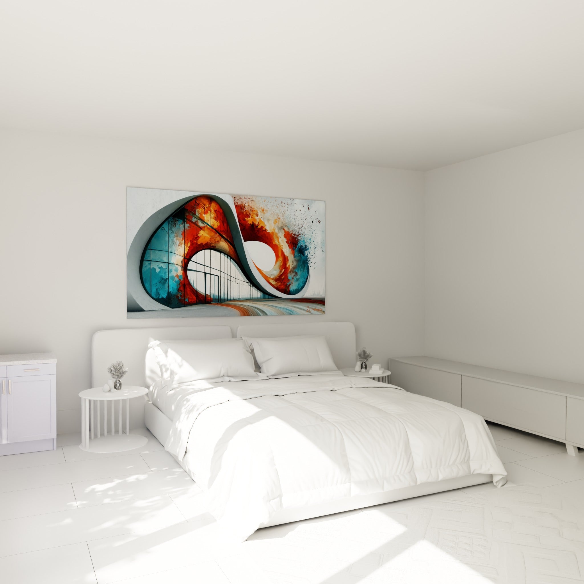 Structure architecturale en huit, tons orange brûlé et bleu ardoise, au-dessus d'un lit dans une chambre claire
