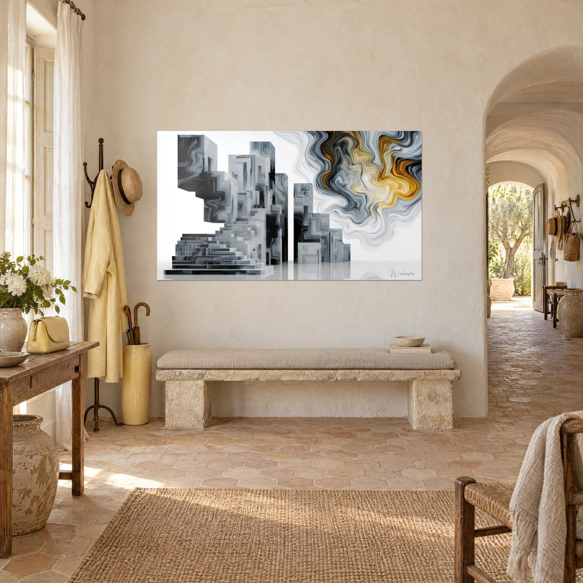 Quadro città cubica in marmo grigio, volute ocra e nere su fondo bianco, appeso sopra una panca di pietra in un mas provenzale