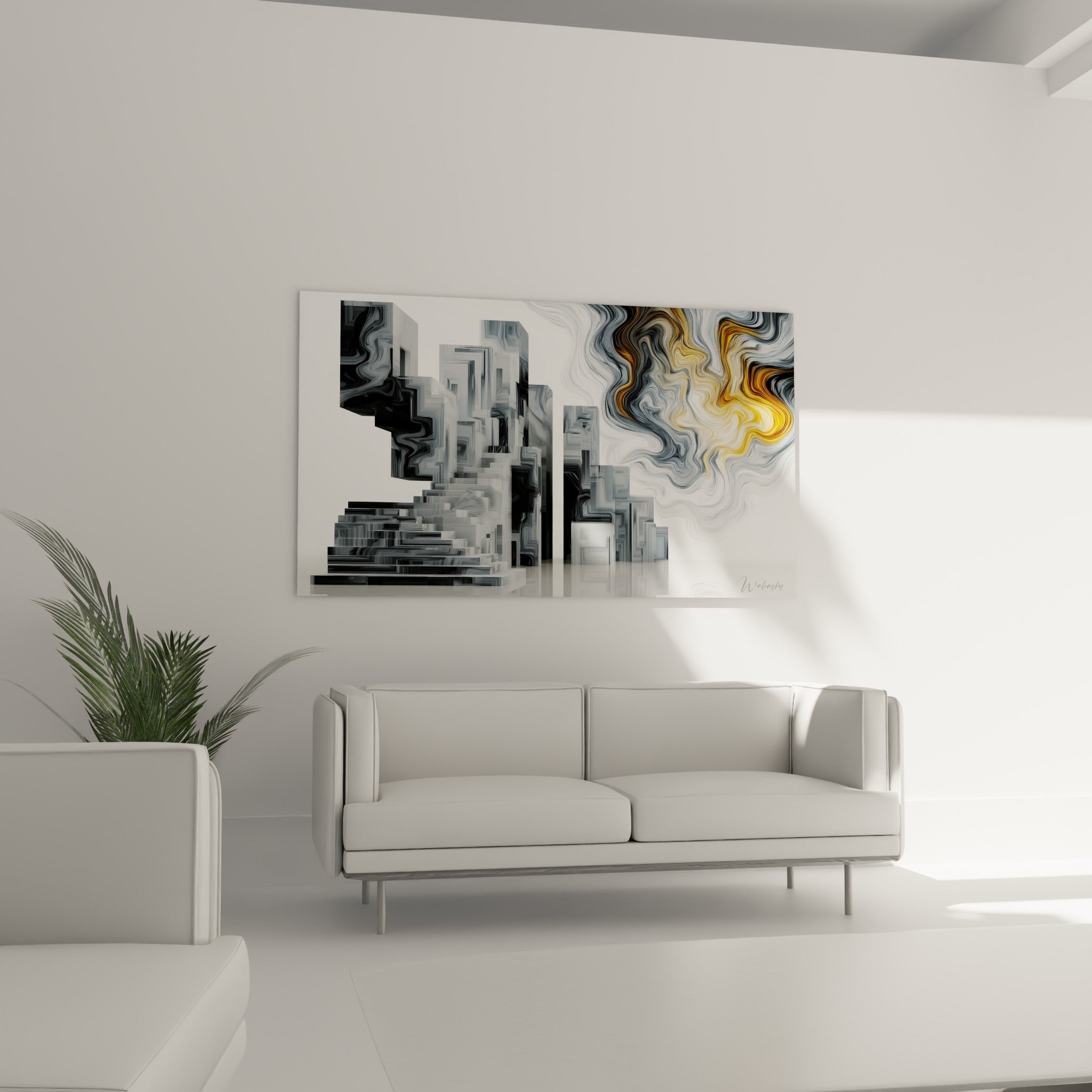 Buildings géométriques gris et volutes ambrées de ce tableau architecture abstrait, au-dessus d'un canapé dans un salon lumineux