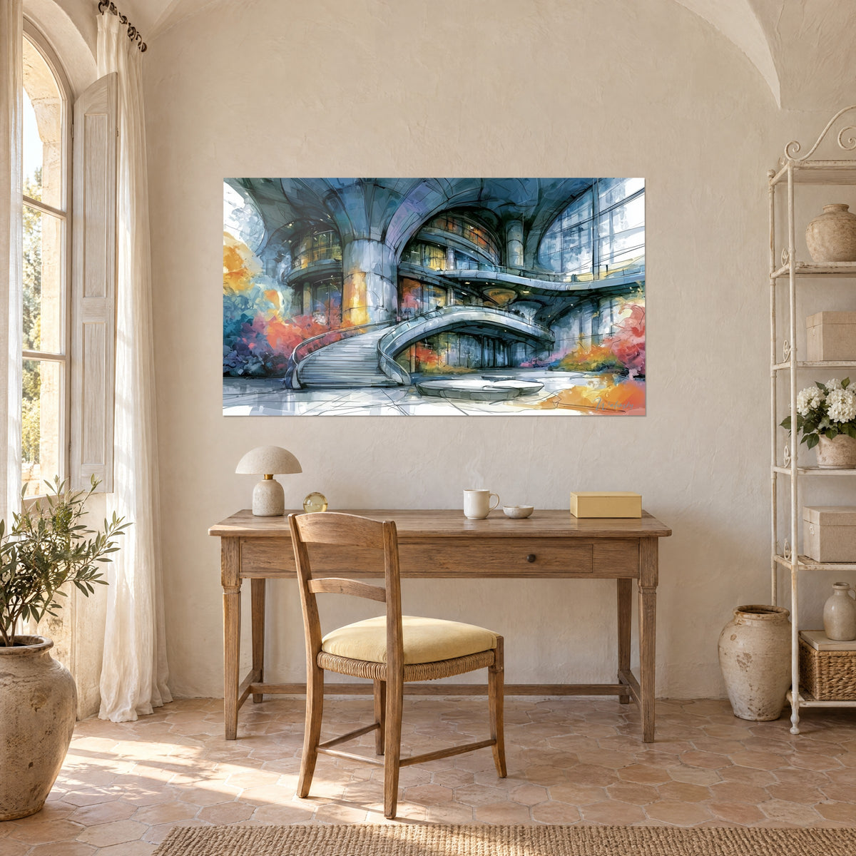 Wall art Architecture as a watercolour sketch, large blue-tinted windows and bright orange flowers, above a wooden desk in a farmhouse