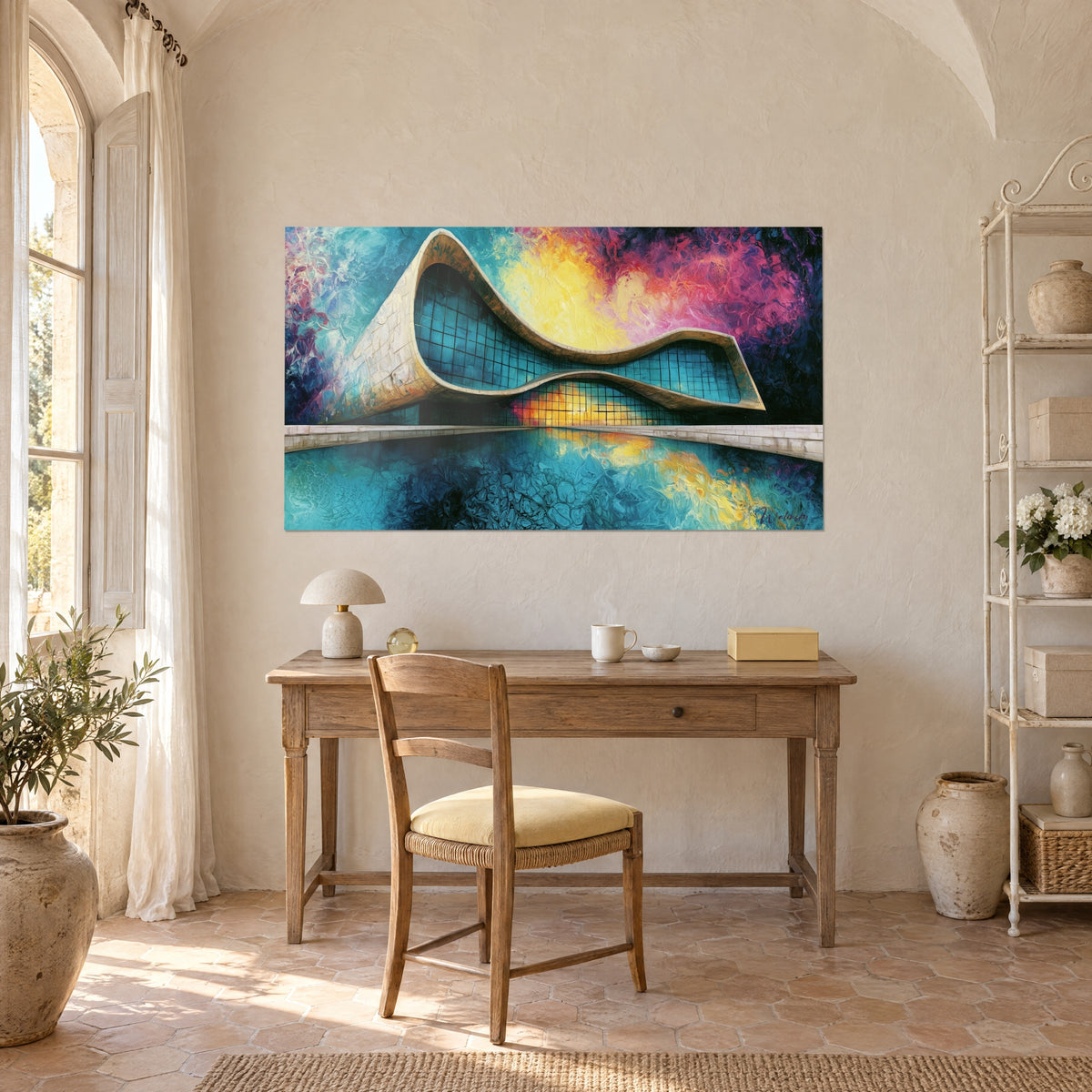 Cuadro tejado en forma de ola dorada, fachada cuadriculada turquesa, cielo violeta y amarillo, colgado sobre un escritorio de madera