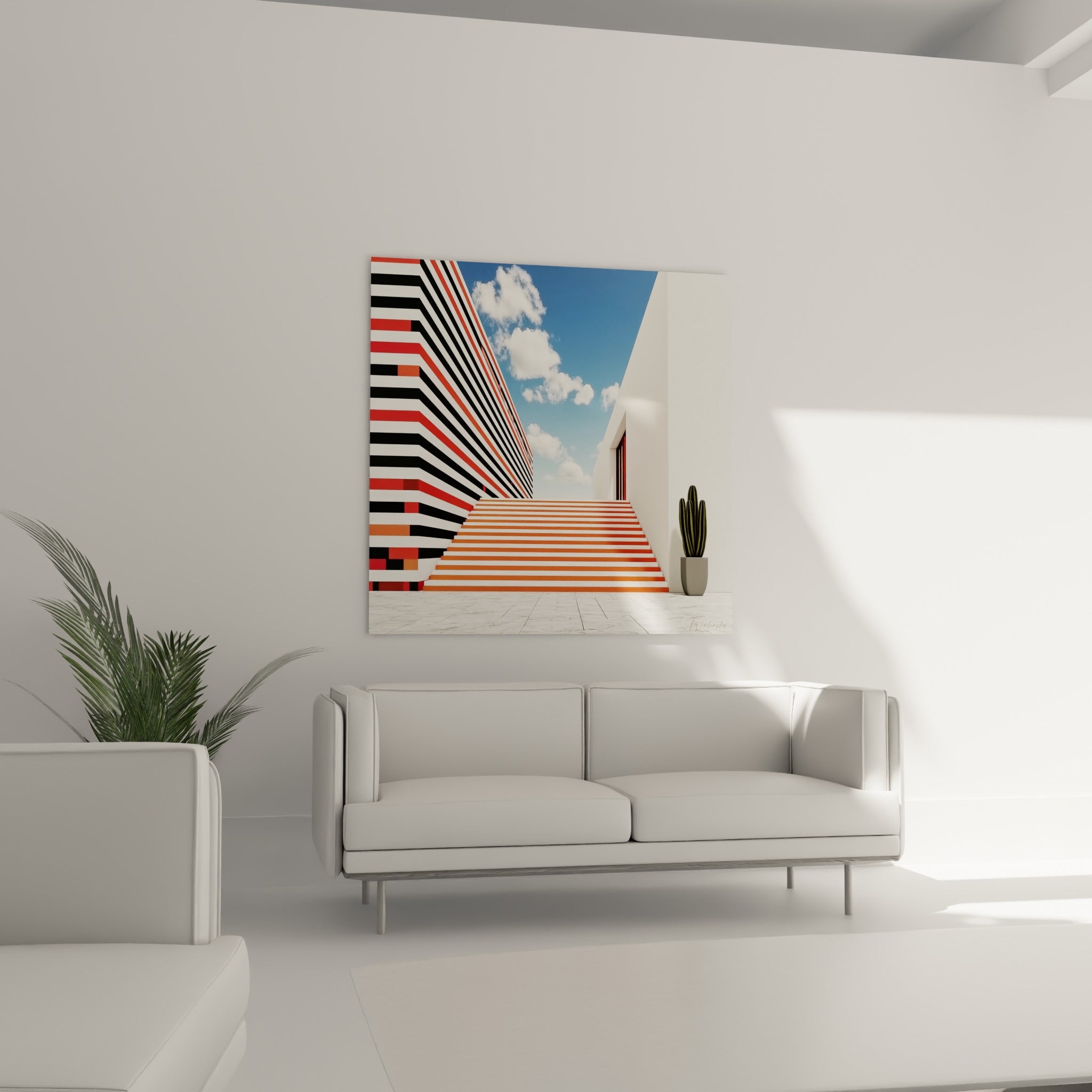 Composition architecturale bleu et orangé avec cactus, disposée au-dessus d'un canapé dans un salon lumineux