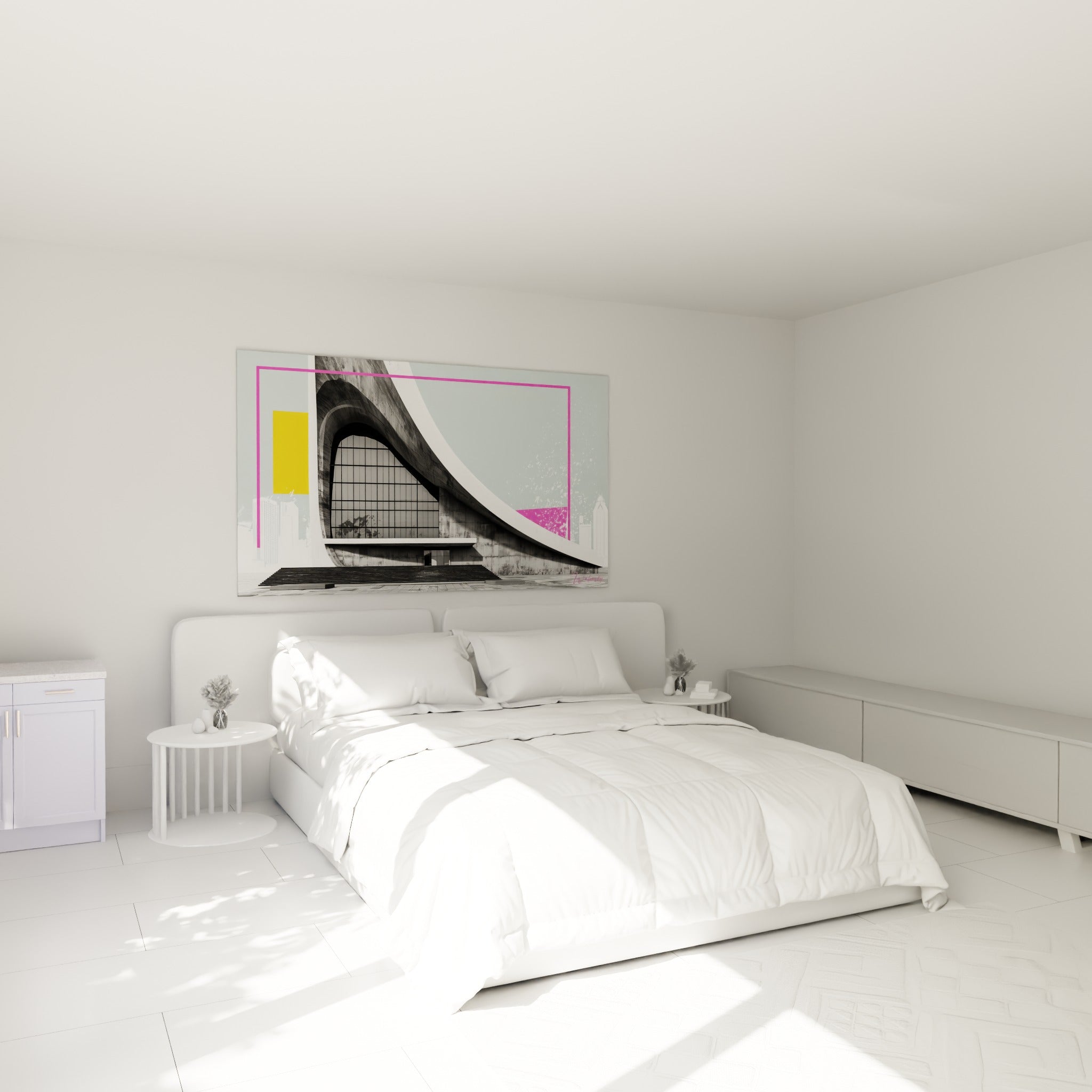 Structure architecturale grise et rose fuchsia, tableau accroché au-dessus d'un lit dans une chambre claire
