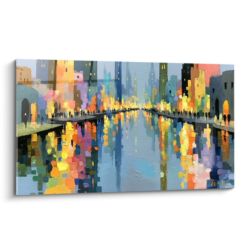 Tableau Canal urbain aux reflets dorés et bleutés - Reflets du soir - Edition Architecture abstrait