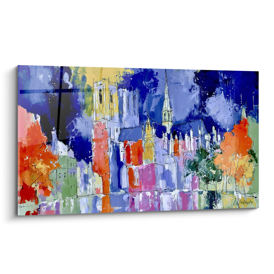 Tableau Cathédrale bleu marine aux flèches orangées - Veille sur la cité - Edition Architecture abstrait