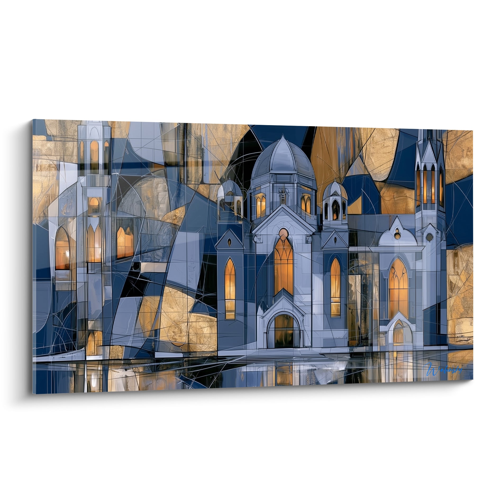 Cathédrale fragmentée bleu marine et doré, dômes gothiques éclatés en plans géométriques abstraits