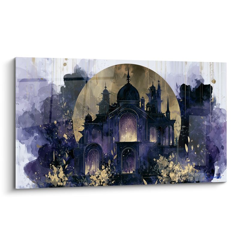 Tableau Cathédrale violette et dorée aux flèches sombres - Cité endormie - Edition Architecture abstrait