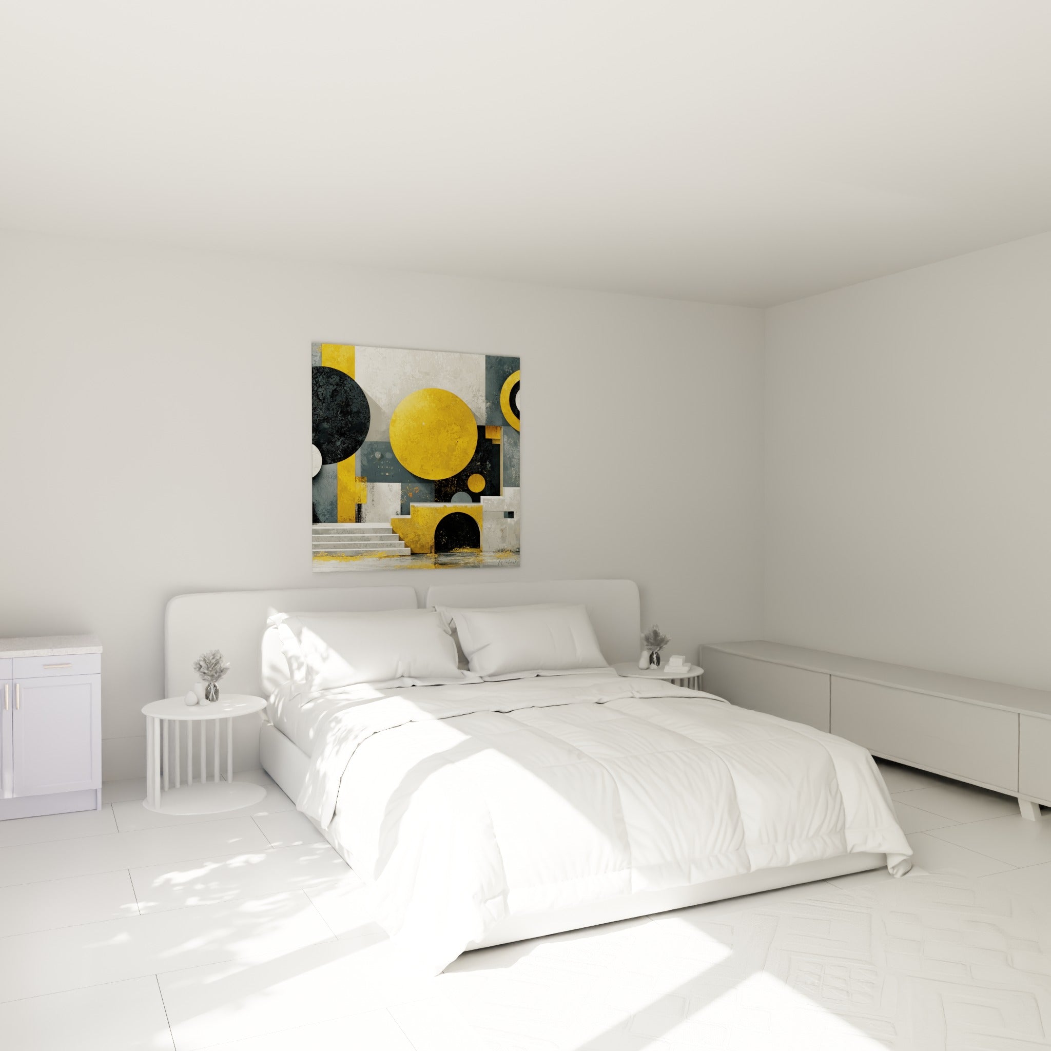 Formes géométriques dorées et anthracite de ce tableau architecture abstrait au-dessus d'un lit dans une chambre claire