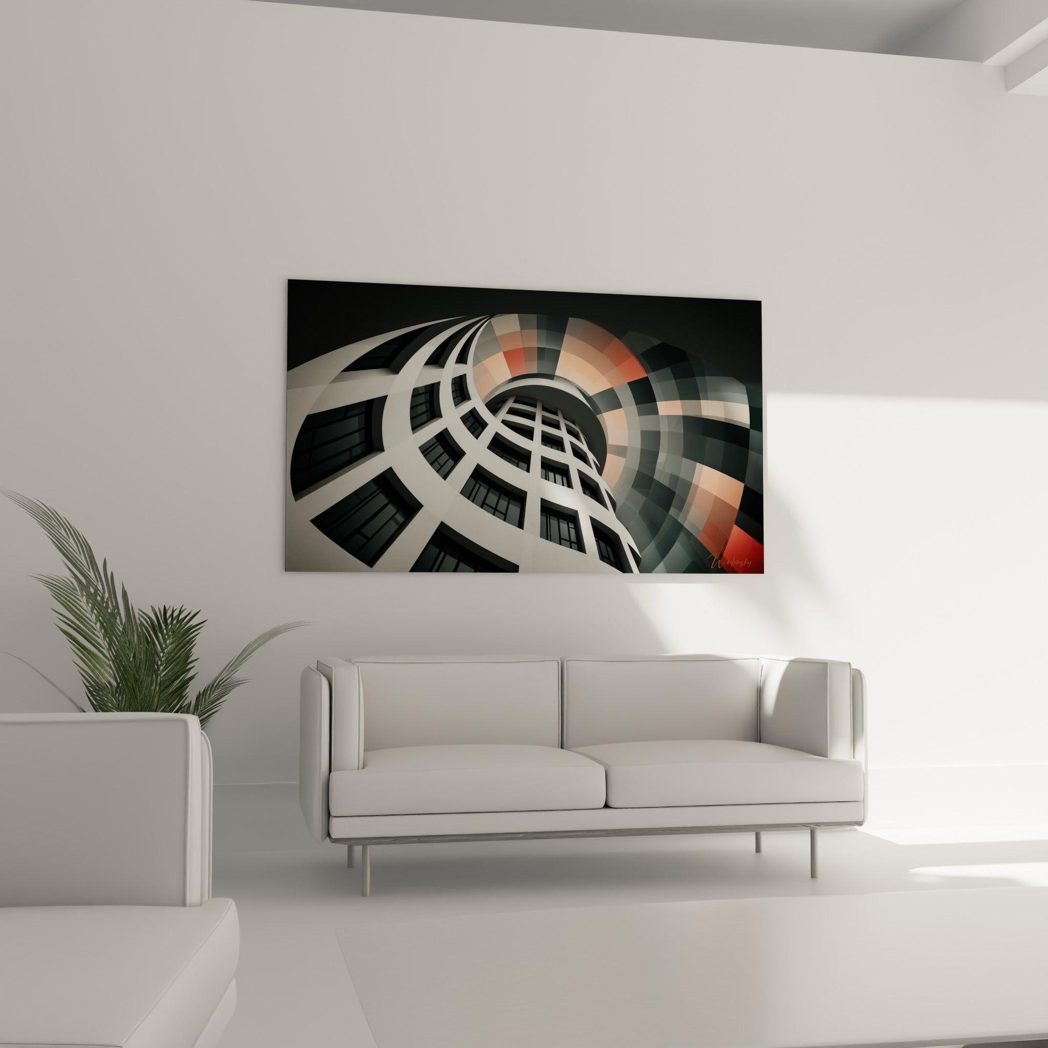 Façade circulaire anthracite et blanche traversée d'orangé, disposée au-dessus d'un canapé dans un salon lumineux