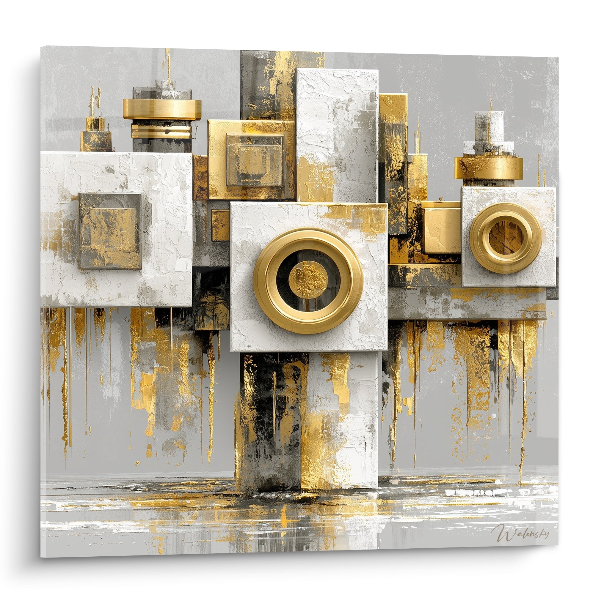 Cercles dorés et blocs gris anthracite composent ce tableau architecture abstrait au relief sculptural marqué