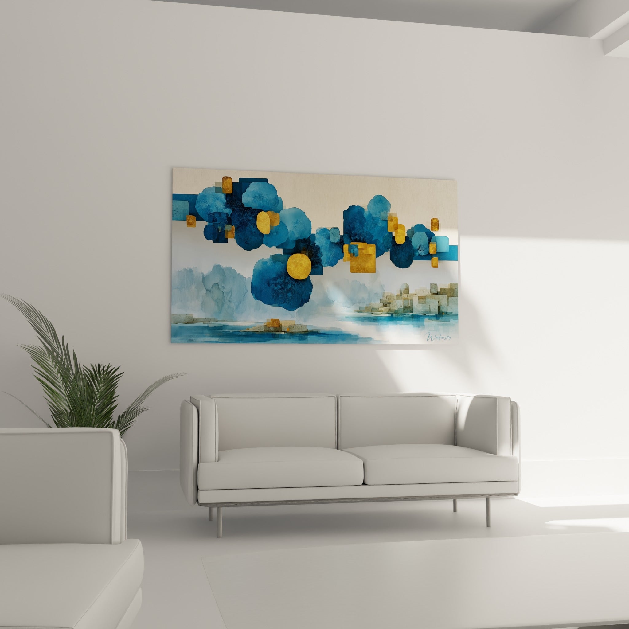 Nuées bleu marine et éclats dorés, architecture abstrait au-dessus d'un canapé dans un salon lumineux