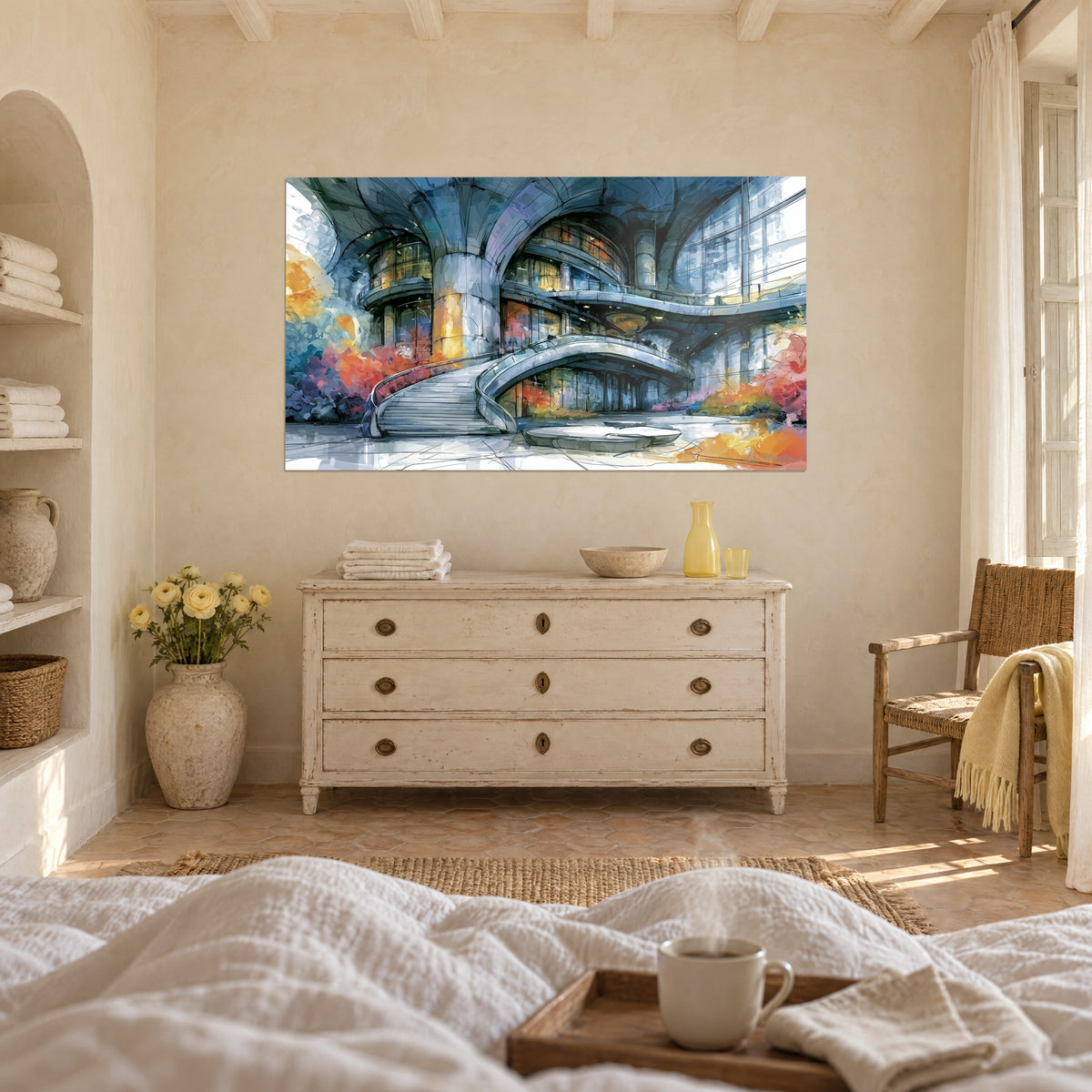 Wall art Atrium with glass arches, white steps and slate-blue and orange tones, hung above a bed in a bright bedroom