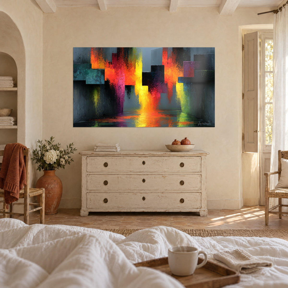 Tableau cubes de béton éclaboussés de rose fuchsia et d'orange ardent, vu au-dessus d'un lit dans une chambre claire