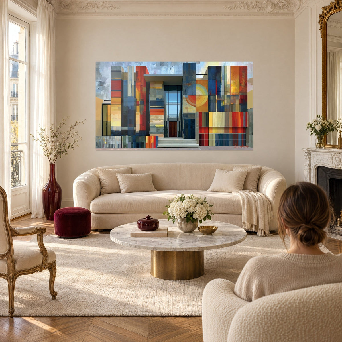 Tableau façade patchwork aux panneaux rouges et bleus, portail vitré au centre, au-dessus d'un canapé dans un salon lumineux