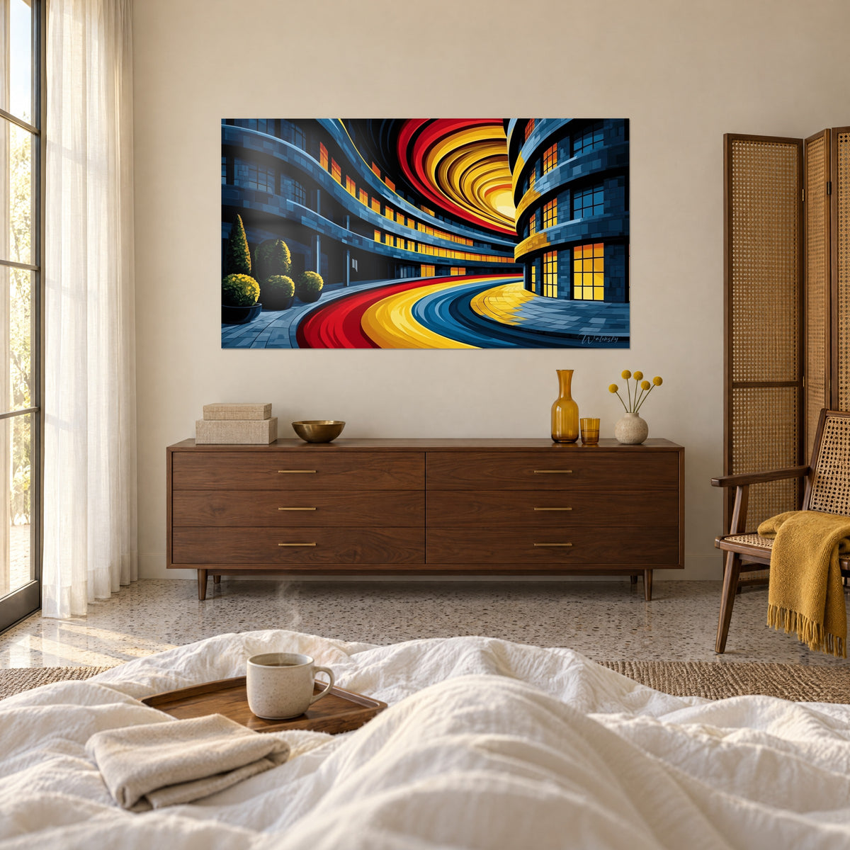 Quadro vortice a spirale rosso e giallo su un insieme di edifici blu notte, finestre dorate, sopra un letto in una camera luminosa