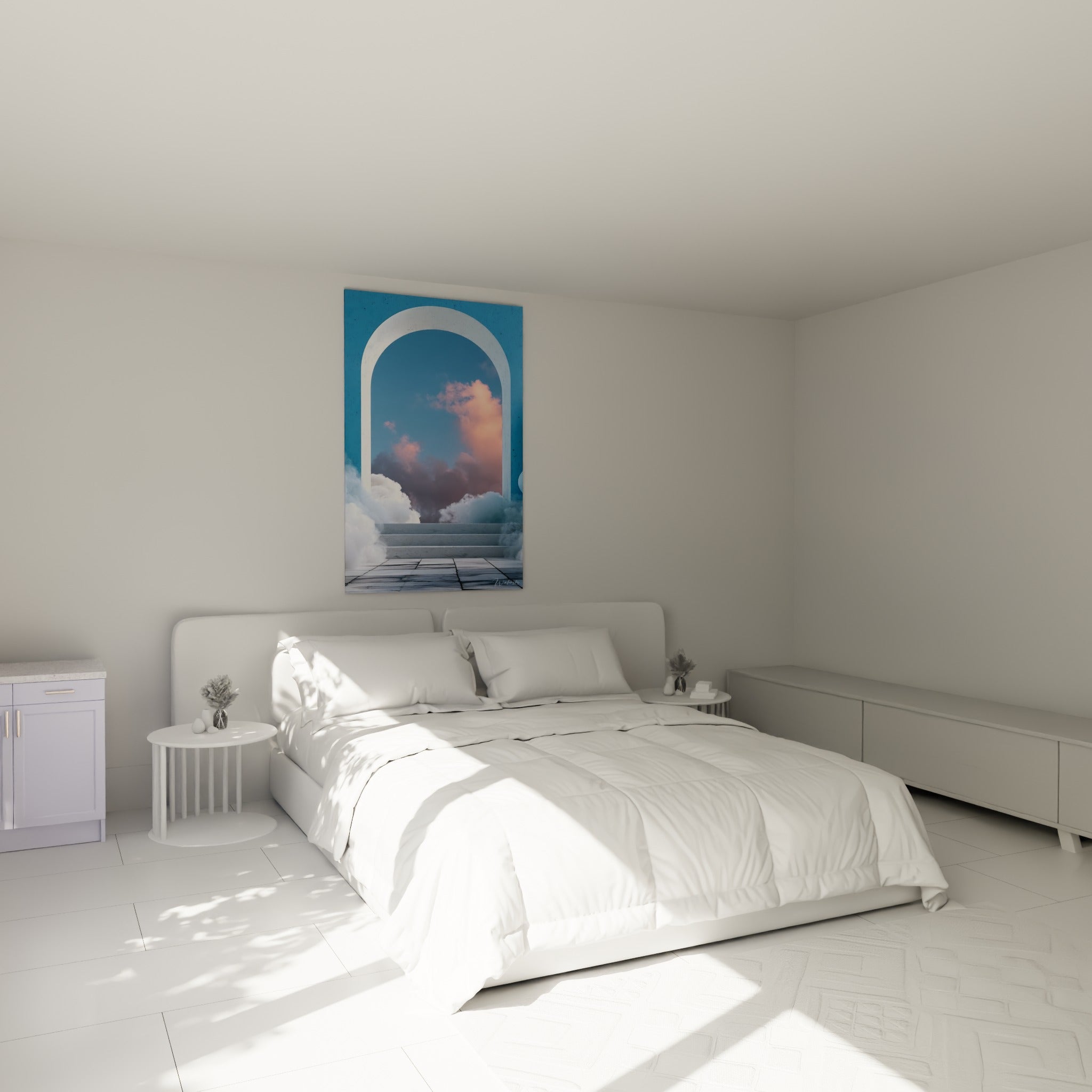 Nuages roses et ciel bleu architecture abstrait au-dessus d'un lit dans une chambre claire