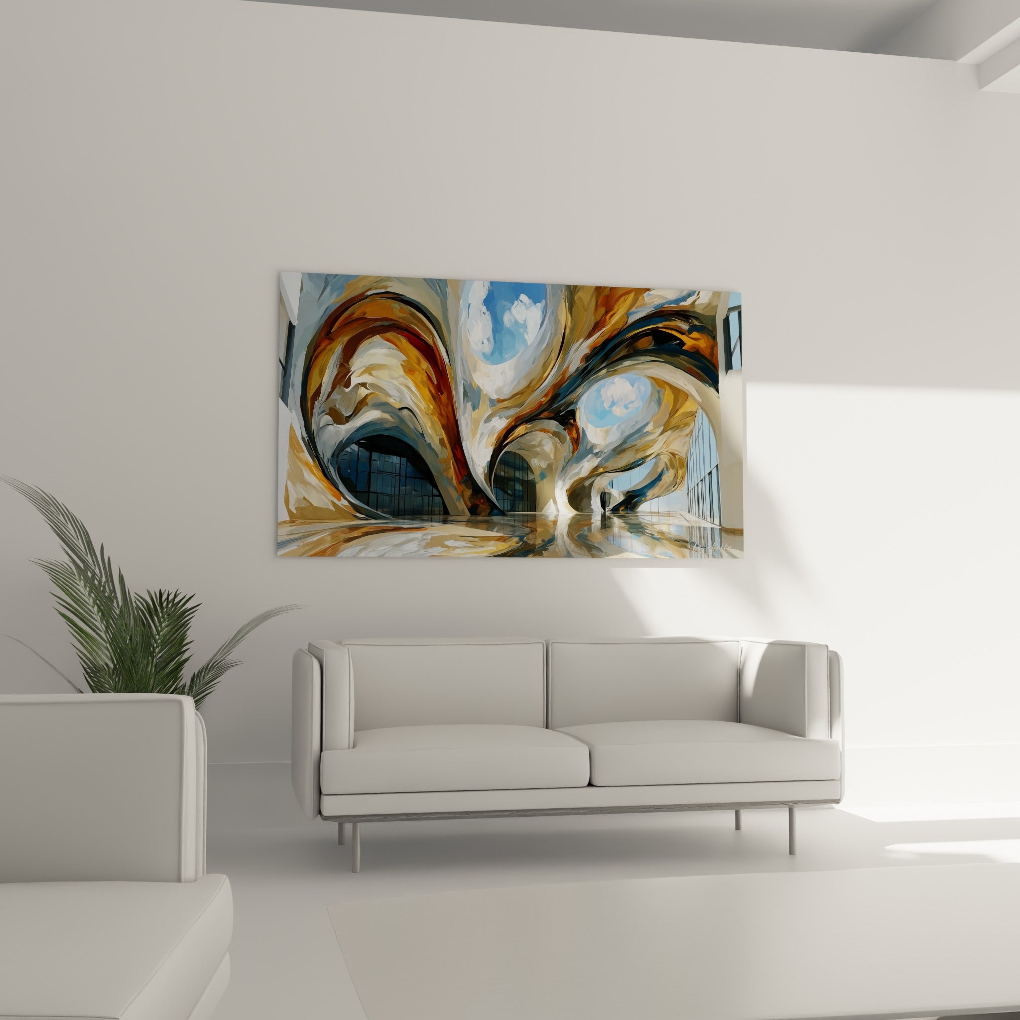 Structures dorées et ciel bleu entrevu, tableau architecture abstraite au-dessus d'un canapé dans un salon lumineux
