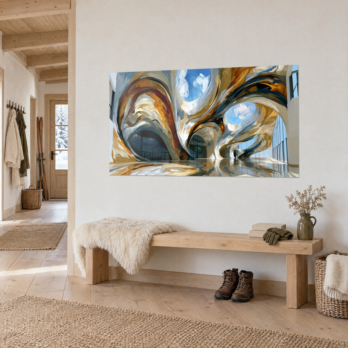 Tableau tourbillon architectural doré, arches ocre et bleu nuit, nuages blancs, au-dessus d'un banc de chêne dans une entrée de chalet