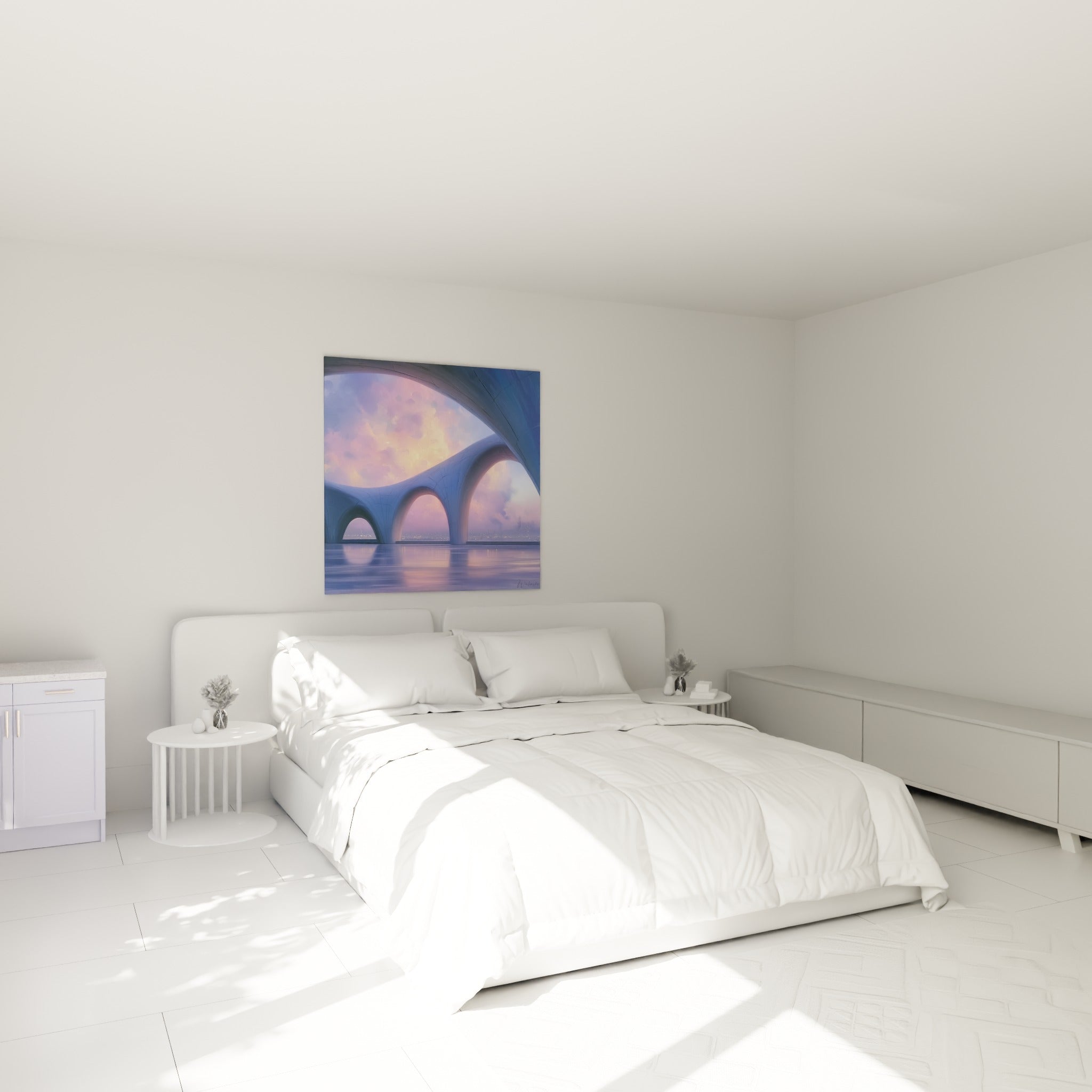 Arches architecture abstrait lavande et corail surplombant une cité lointaine, au-dessus d'un lit dans une chambre claire