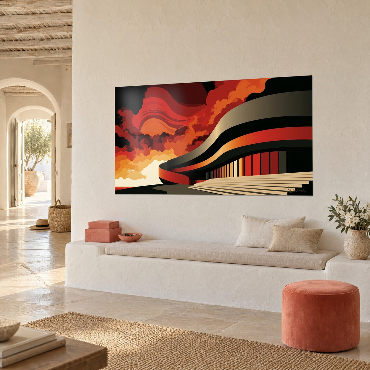 Schilderij architectuur met golvende zwarte en koperkleurige banen, bloedrode en amberkleurige wolken, gekalkte muur, witte bank, mediterraan huis