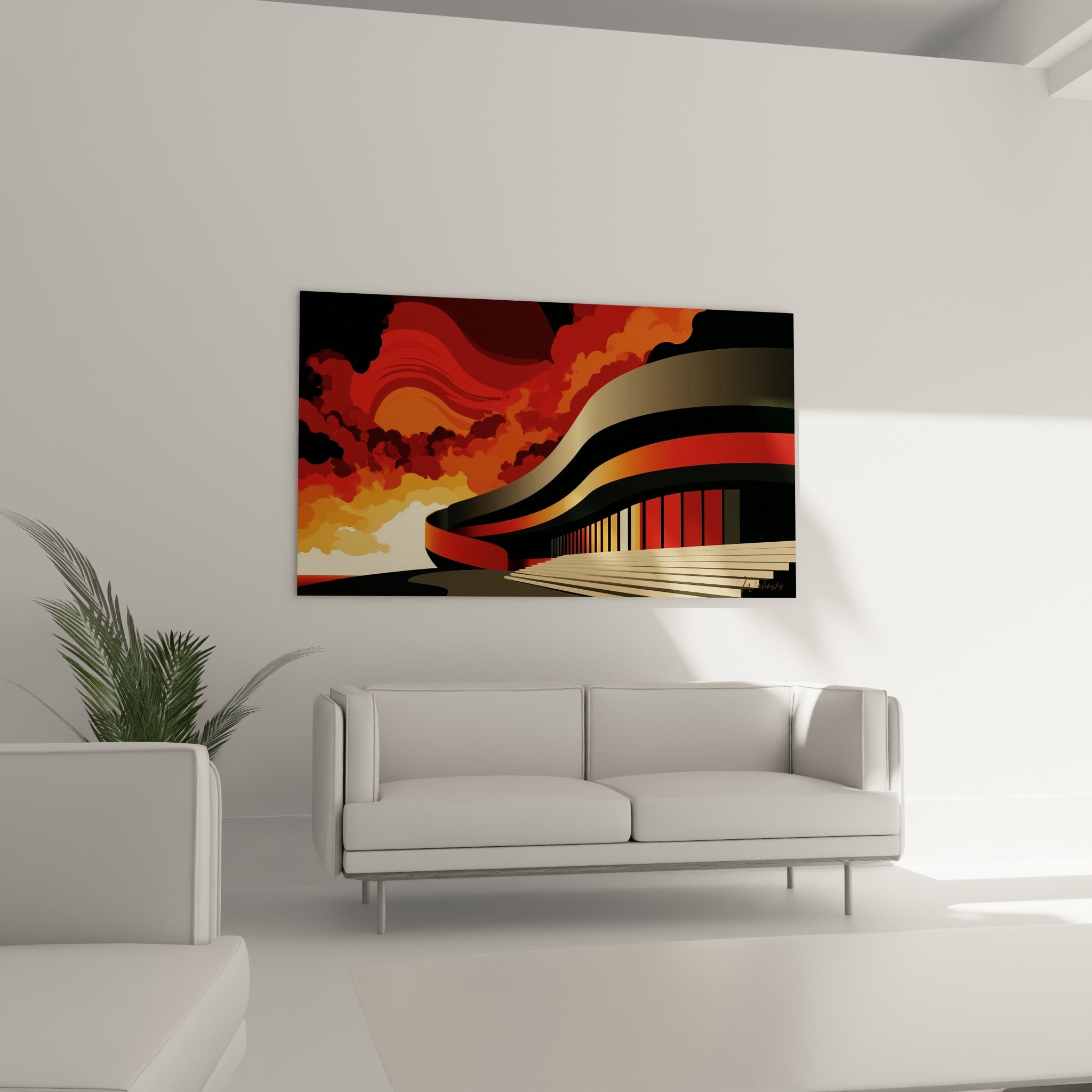 Édifice architecture abstrait noir et rouge flamboyant au-dessus d'un canapé dans un salon lumineux