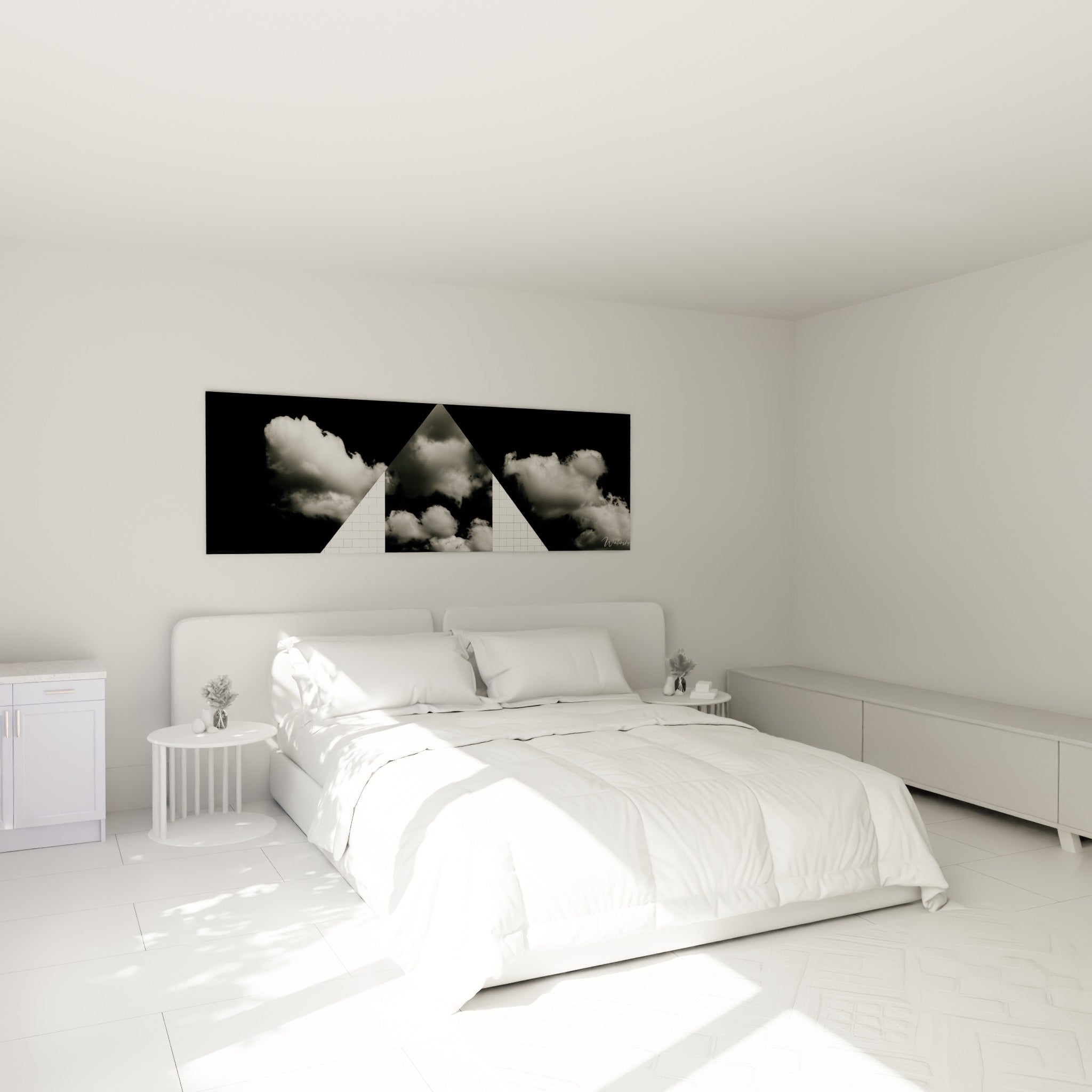 Nuages sombres et triangle blanc de ce tableau architecture abstrait au-dessus d'un lit dans une chambre claire