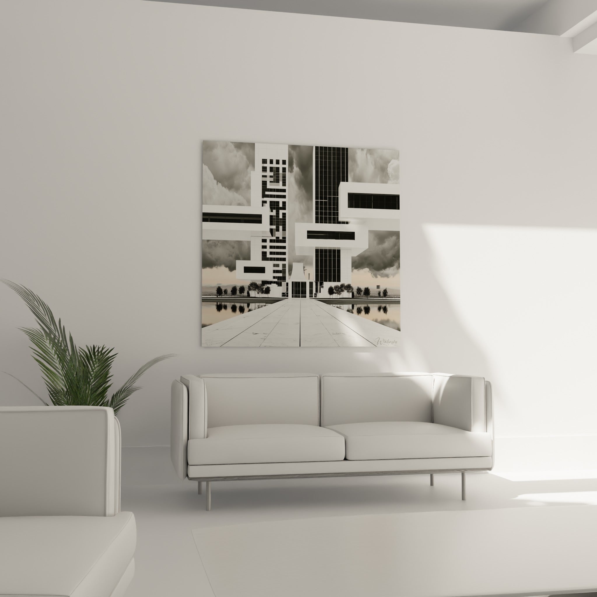 Cité futuriste blanche aux blocs anthracite accrochée au-dessus d'un canapé dans un salon lumineux