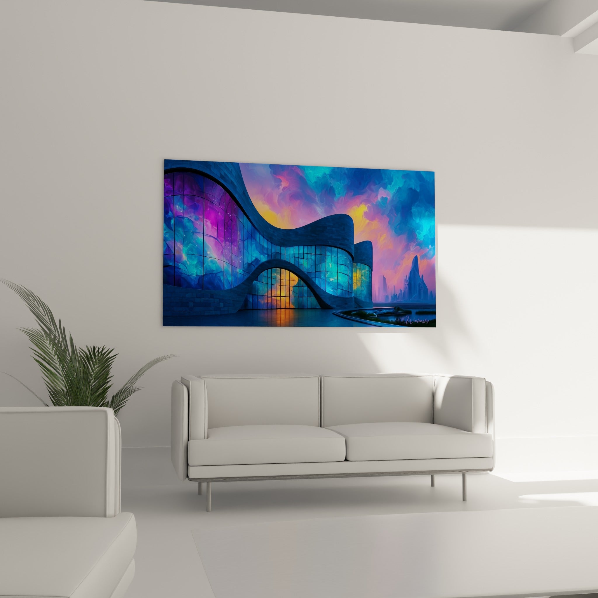 Architecture courbe illuminée d'orangé et de bleu au-dessus d'un canapé dans un salon lumineux