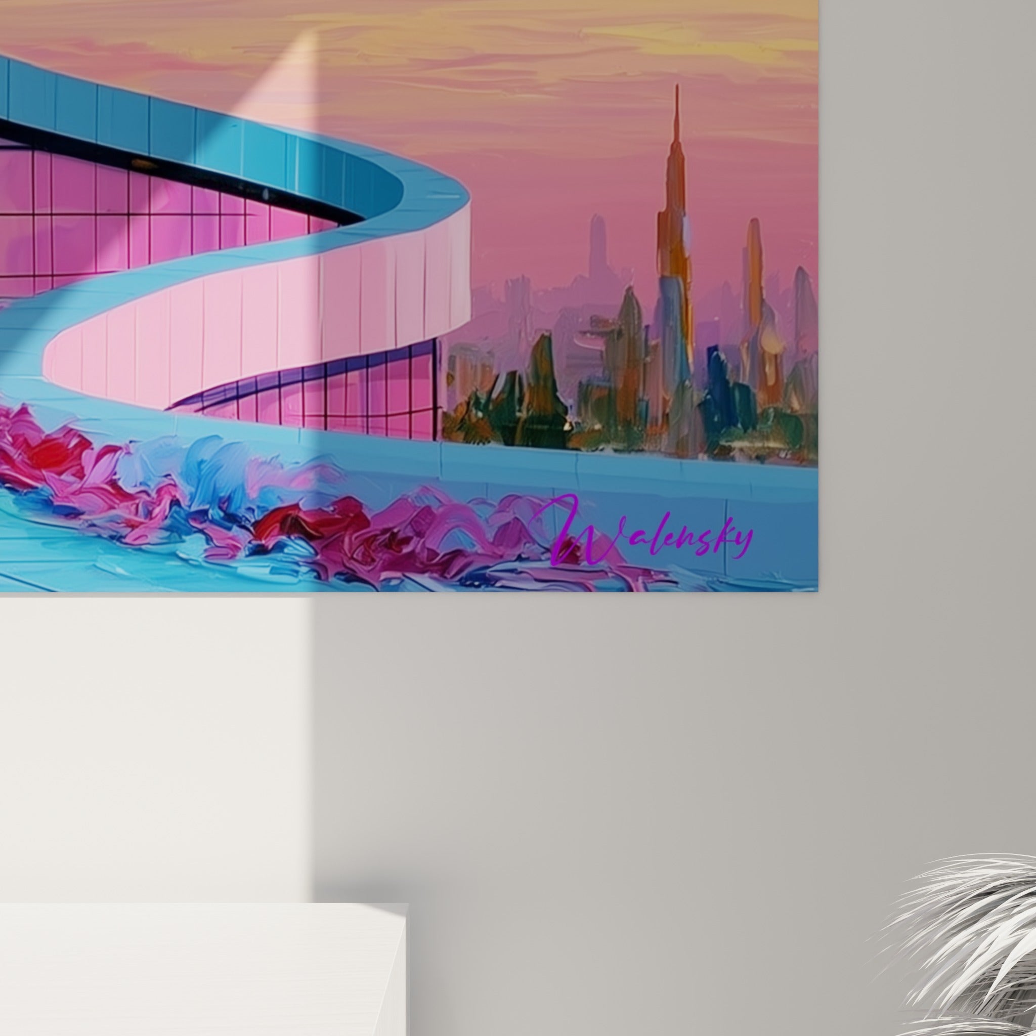 Empâtements violets et touches dorées du ciel peint, matière épaisse visible sur ce tableau architecture abstrait
