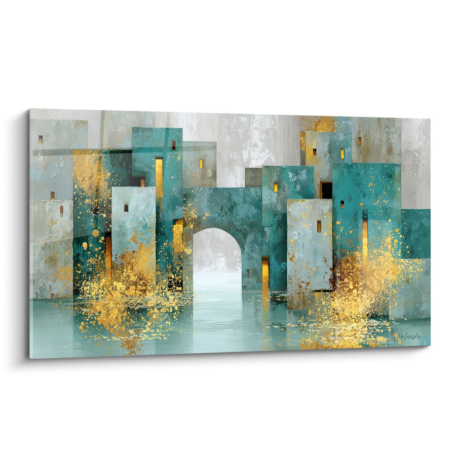 Gemälde Stadtansicht blau Eisenteilhahn und goldenes Bogenportal - Goldener Durchgang - Architektur Edition abstrakte Kunst
