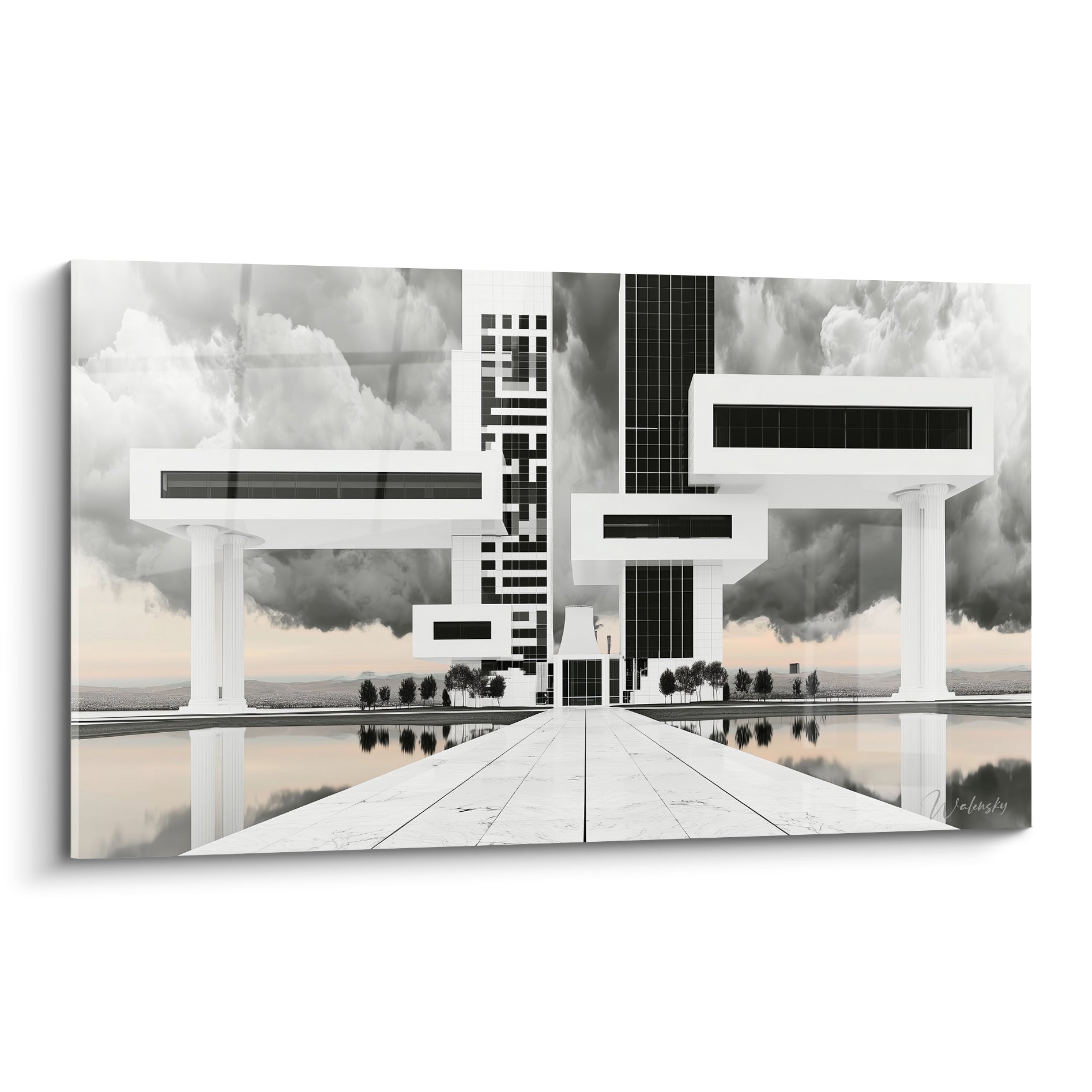 Cité futuriste blanche et anthracite sur colonnes, ciel nuageux, allée de marbre en perspective