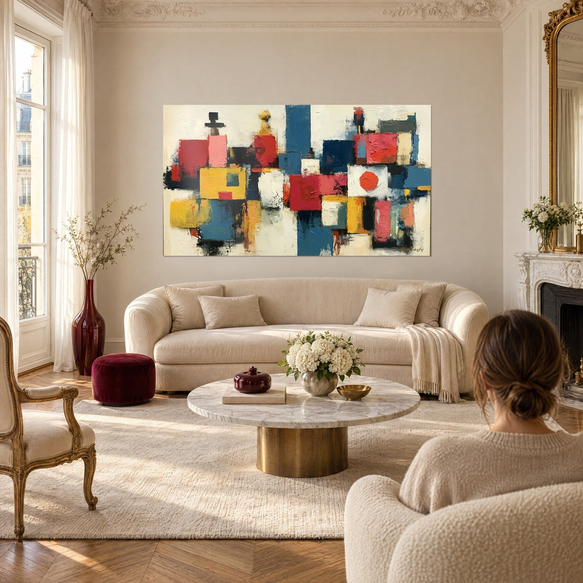 Tableau cité géométrique aux blocs rouges, bleus et jaunes, deux personnes de dos, au-dessus d'un canapé dans un salon lumineux