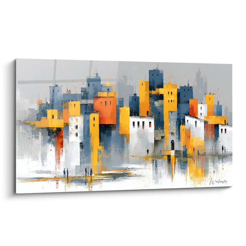 Tableau Cité jaune et bleue aux silhouettes marchant - Promeneurs sur le quai - Edition Architecture abstrait
