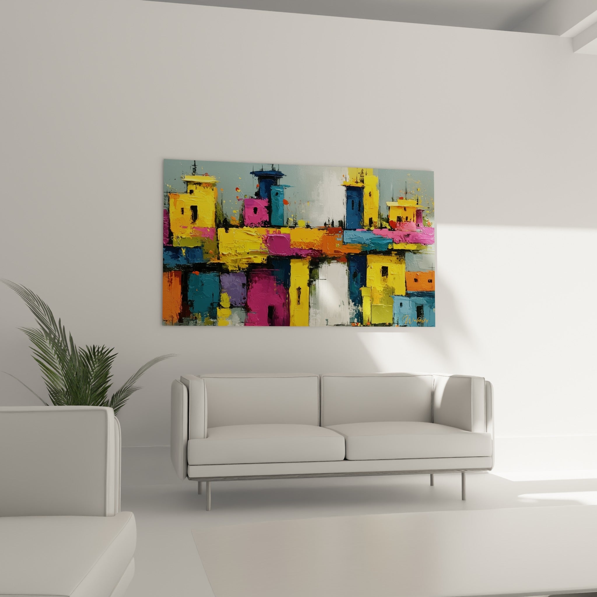 Bâtiments abstraits orange et bleu marine au-dessus d'un canapé dans un salon lumineux.
