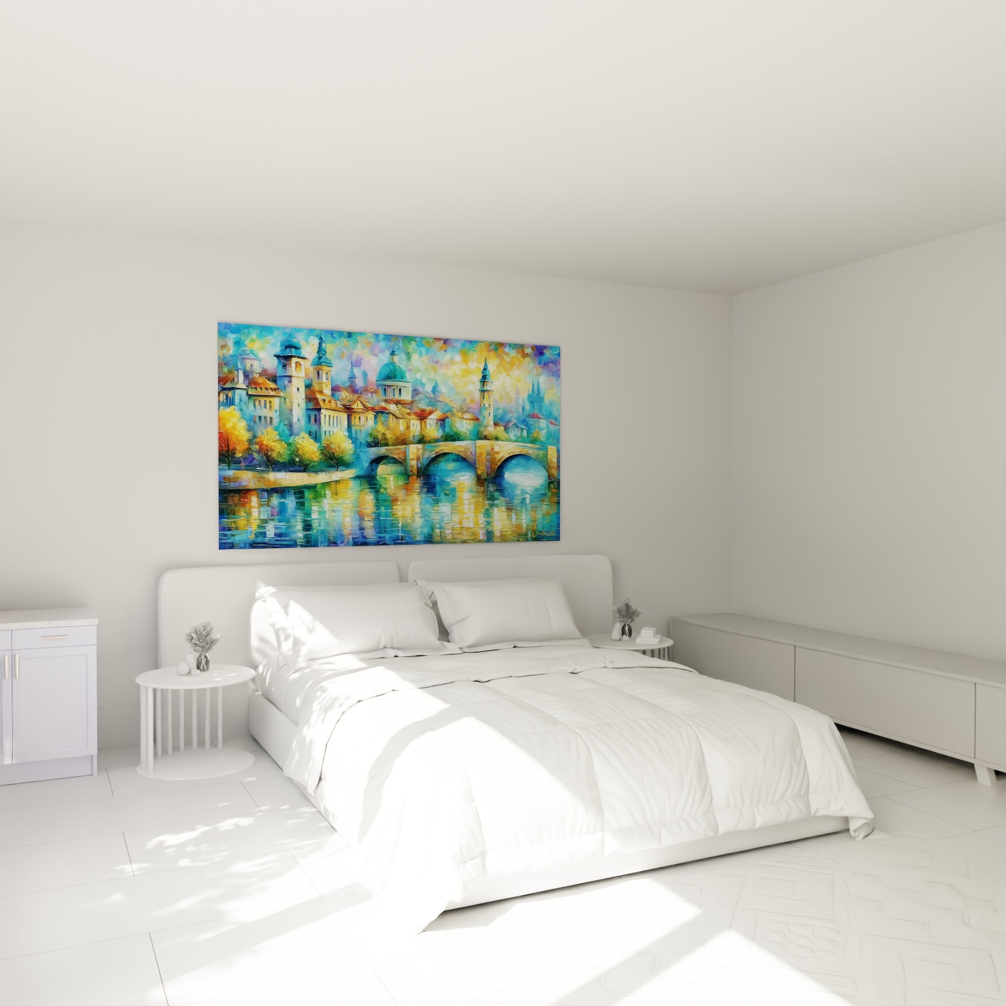 Cité dorée aux tours bleues et pont ancien, accrochée au-dessus d'un lit dans une chambre claire