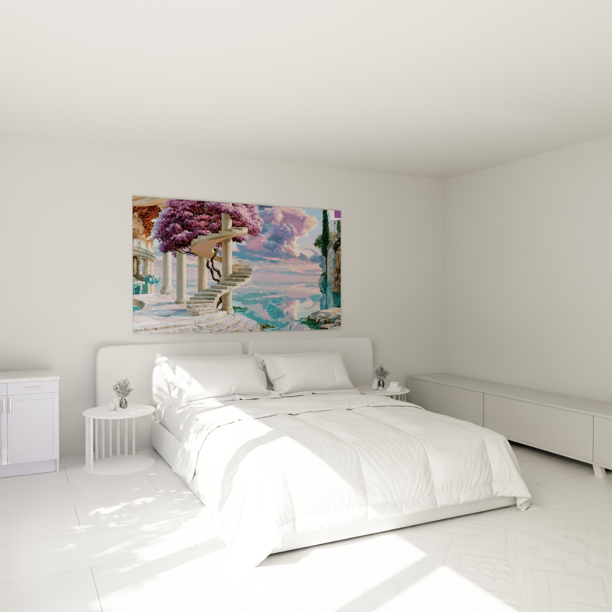 Colonnade antique et glycine mauve peintes, ciel pastel rose et bleu, au-dessus d'un lit dans une chambre claire