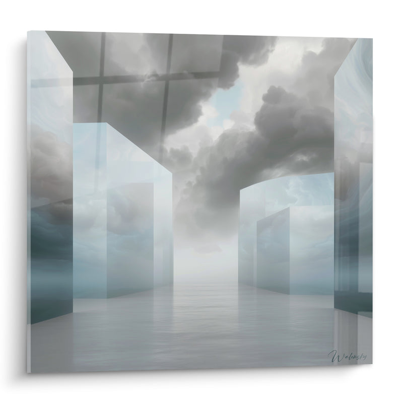 Glasbild Kolonnade in Blau-Grau Wolken - Ätherische Durchfahrt - Architektur Edition Abstrakt