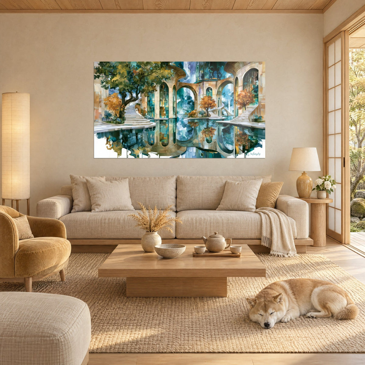 Tableau palais aux arches turquoise et dorées, arbre vert et escaliers blancs, reflets dans l'eau, Shiba couché, au-dessus d'un canapé dans un salon lumineux