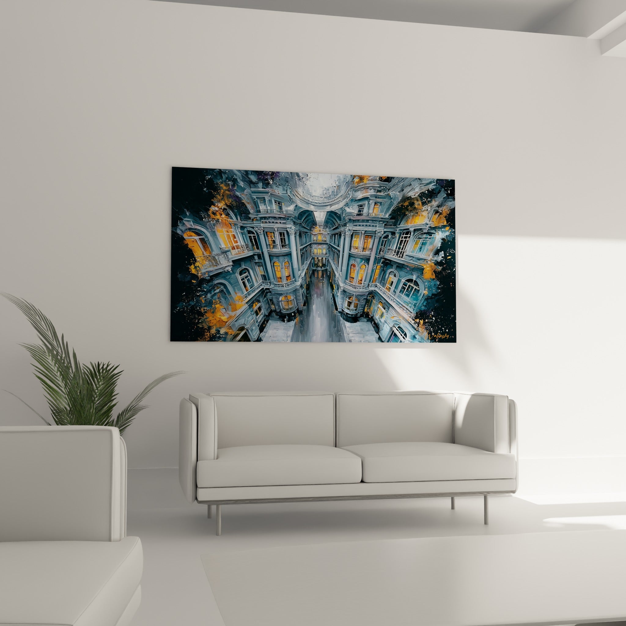Façades symétriques bleu anthracite et doré au-dessus d'un canapé dans un salon lumineux