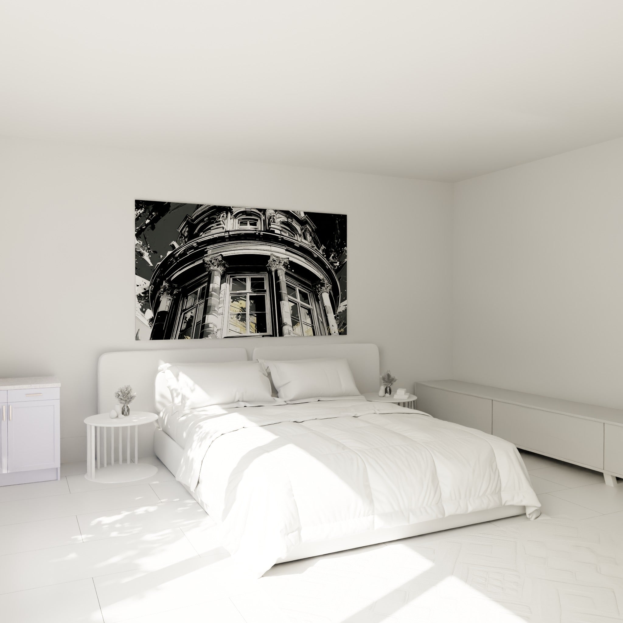 Immeuble ancien aux colonnes noires et blanches, reflets dorés, au-dessus d'un lit dans une chambre claire