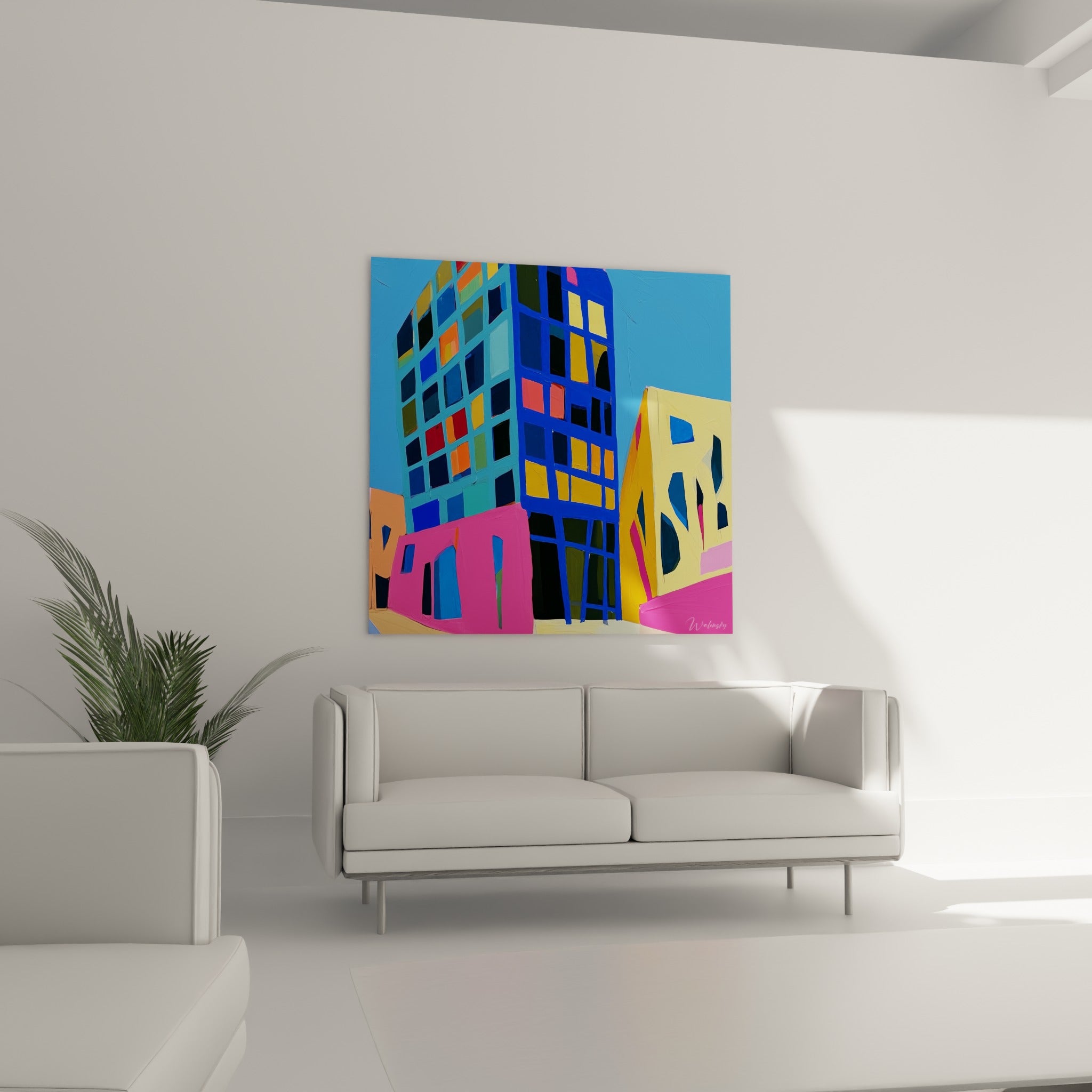 Composition urbaine rose fuchsia et bleu teal de cette architecture abstrait, au-dessus d'un canapé dans un salon lumineux