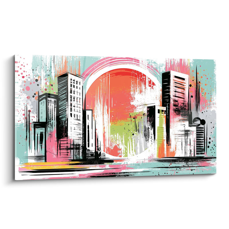 Coral and Turquoise Skyline Painting with Splashed Sunlight - Graphic Urban Splatters - Abstract Architecture Edition